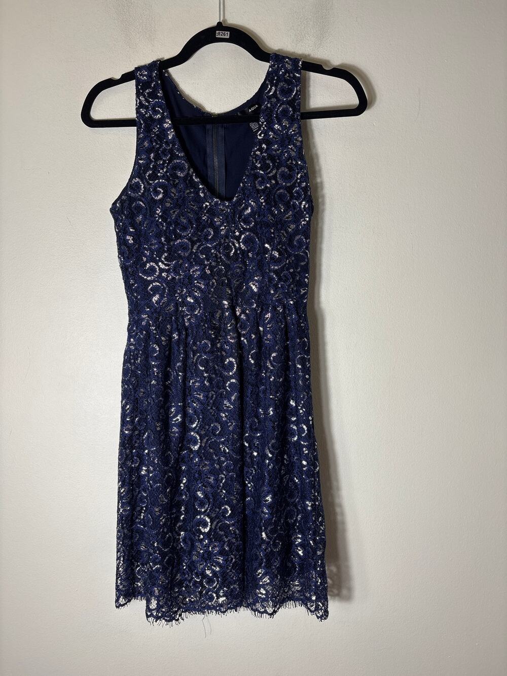 Aqua Navy and Silver Lace V Neck Cocktail Dress Sz XS